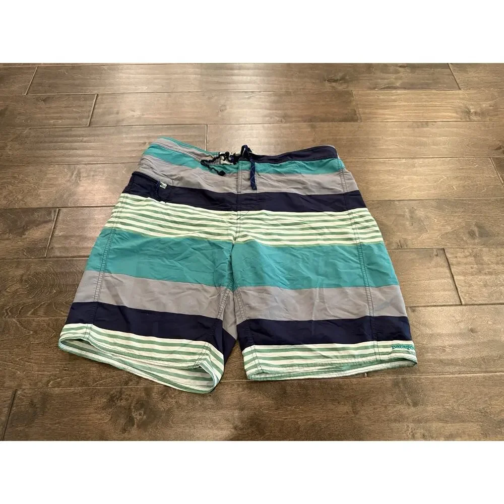 Patagonia Board Shorts Mens Size 35 Green Gray Striped Unlined Swim Trunks Beach